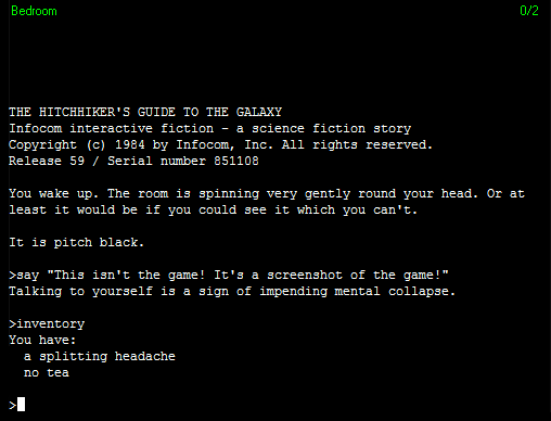 Screenshot of The Hitchhiker's Guide to the Galaxy (Amiga, 1984) - MobyGames